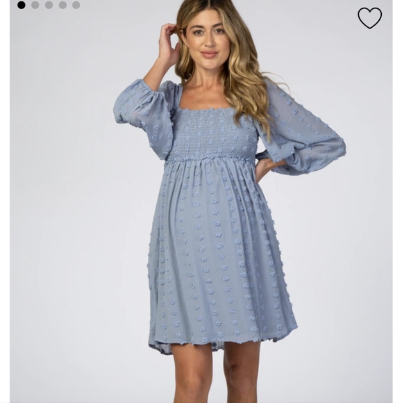Textured Dot Smocked Square Neck Chiffon Maternity Dress - Picture 1 of 5